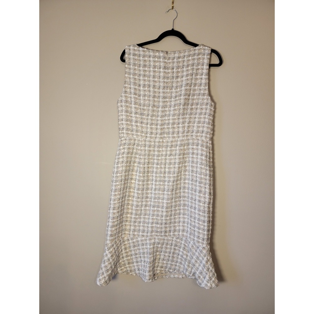 Ann Taylor Tweed Check Sheath Dress Beige White Fringe‎ Zip Scoop Neck Size 10 - Picture 5 of 7